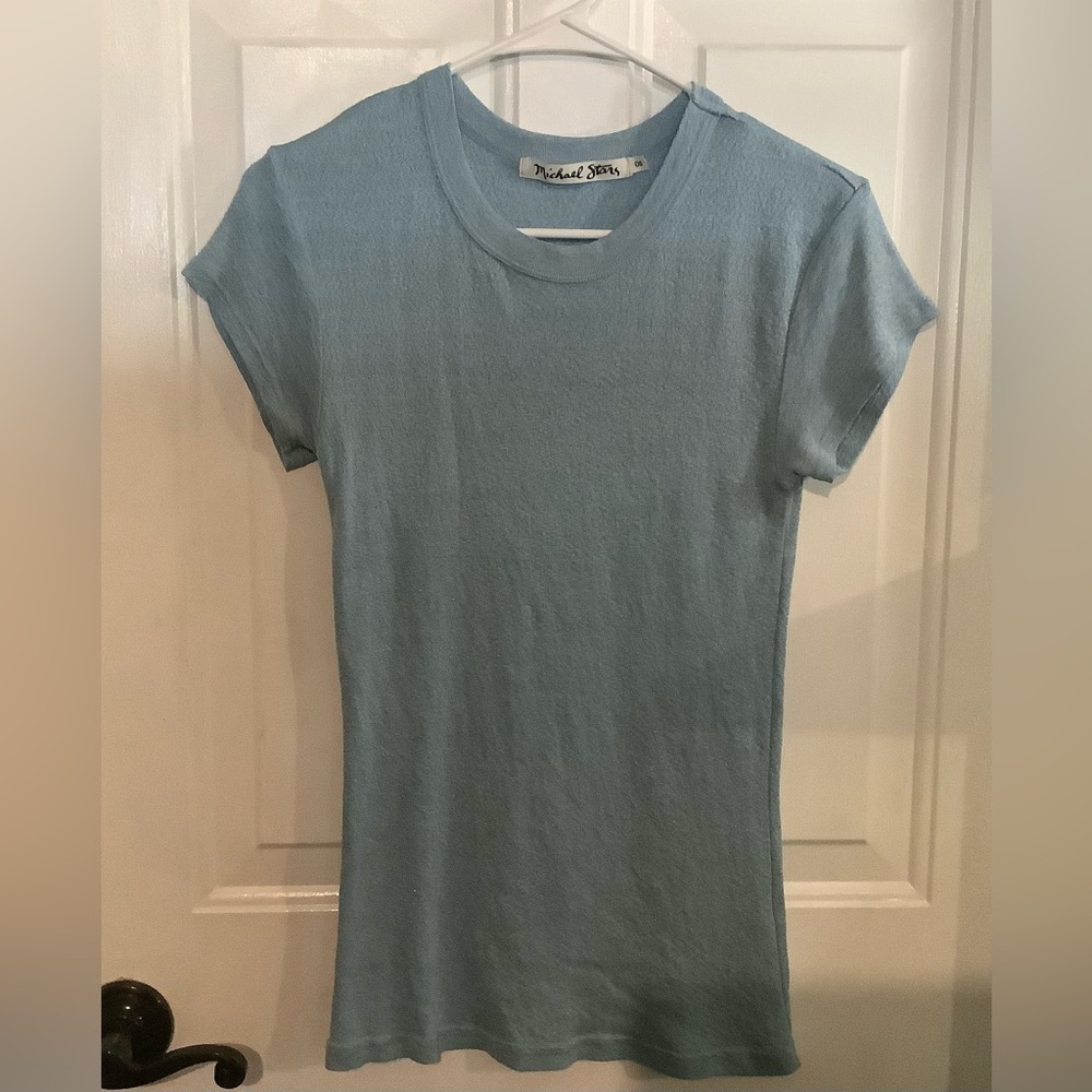 Michael Stars scoop neck shirt sleeve t shirt ice blue shimmer color